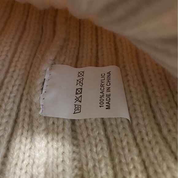 Winter Womens Stretch Knit Beanie Hat Faux Fur Pom Pom Beige Warm Ribbed Fold - Picture 4 of 5